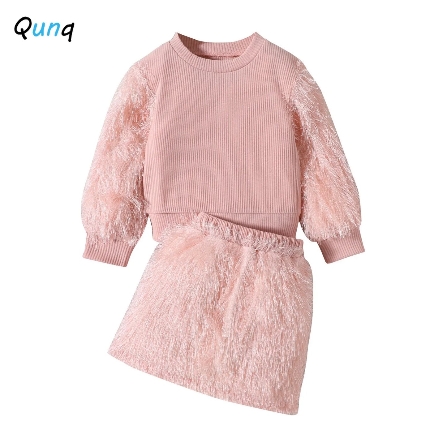 Maxy Autumn New Girls Plush Long-sleeved Spliced O Neck Pullover Top + Plush Skirt 2 Piece Set Casual Kids Cothes Age 3T-8T