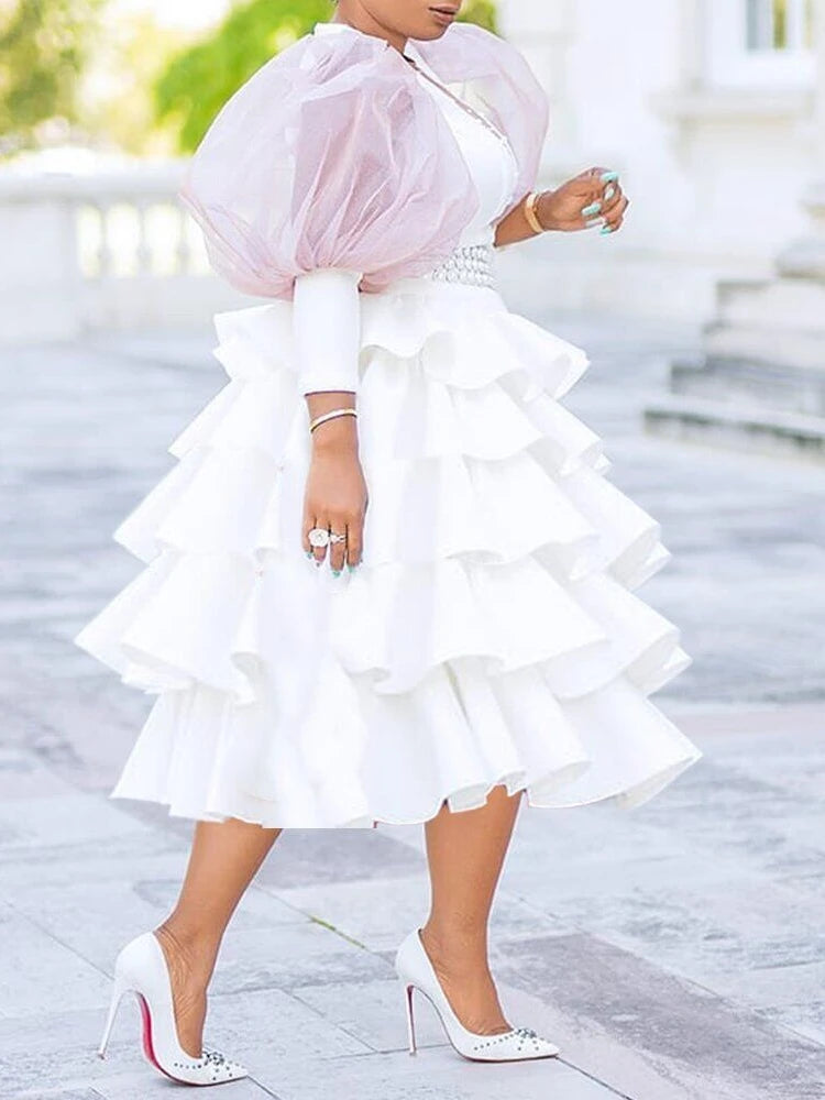 Sweet Elegatn White Party Dress for Woman Layered Ruffle Puff Sleeve Tulle Patchwork Beading Celebrate Evening Wedding Ball Gown