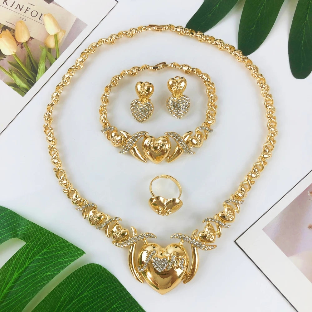 Maxy Hot selling Women XOXO Jewelry Set Gold Plated Heart Necklace Bride Wedding Necklace Earrings Bracelet Ring Set Gift