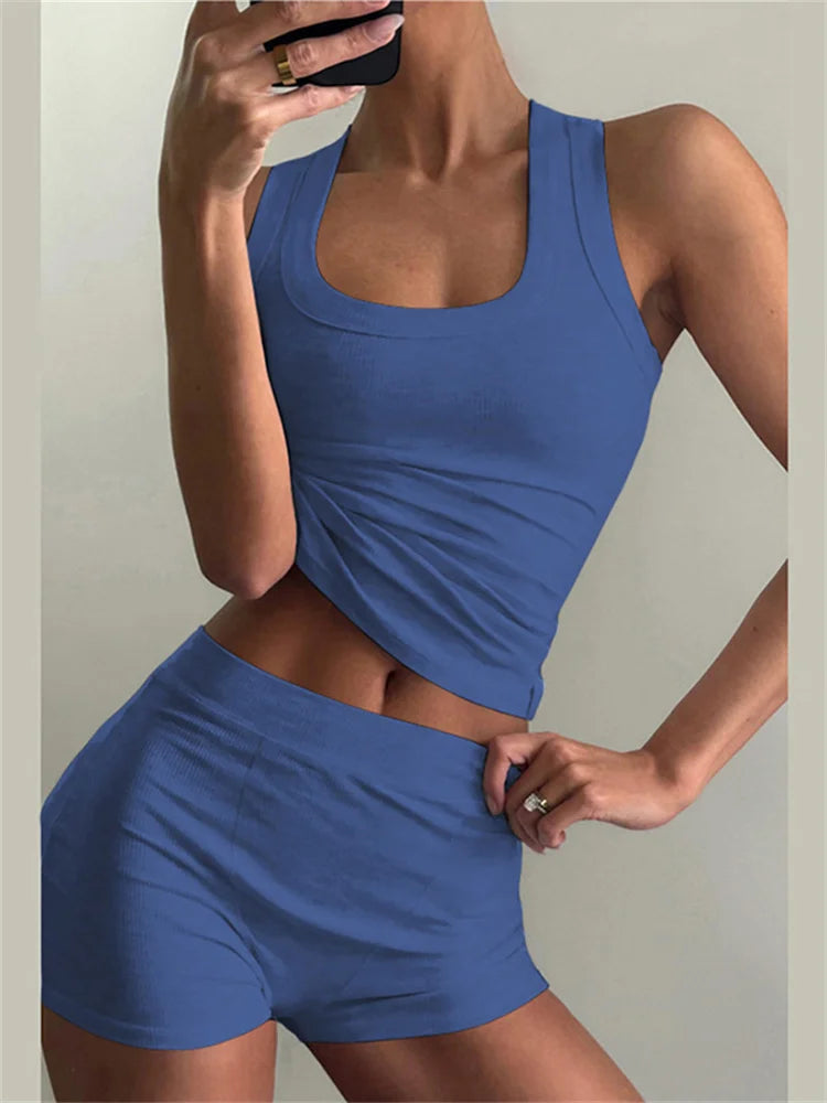 Maxy Nibbler Ribbed Casual 2 Piece Set Women Tracksuit Sporty Square Collar Tank Tops+Shorts Suit Streetwear Simple Matching Outfits