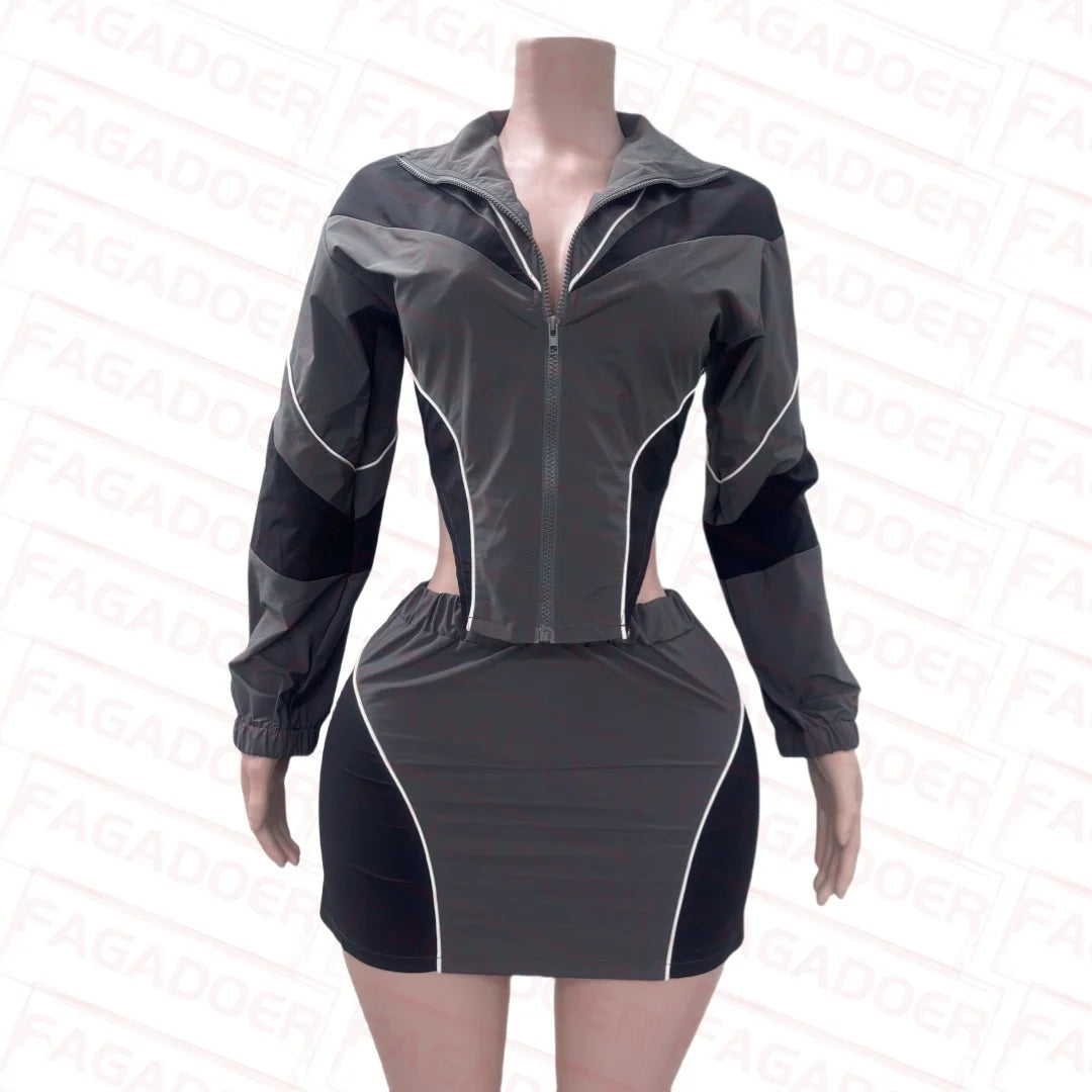 Maxy FAGADOER Color Block Two Piece Set For Women Casual Zip Lantern Sleeve Irregular Crop Jacket + High Waist Skirts Suit Streetwear