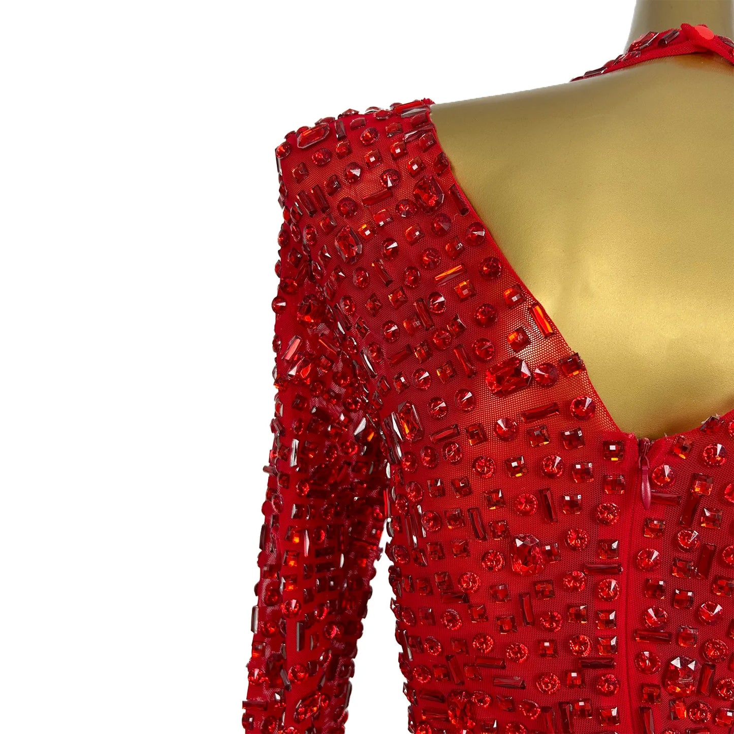 Maxy Red Diamonds Dress See Through Long Sleeve Evening Dress Festival Clothing Rhinestone Prom Gowns  Special Occasion Dress Gesebei
