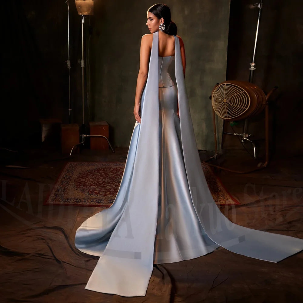 Maxy Fashion Appliques Evening Dresses Elegant Strapless Flower Prom Gowns Chic Scarf Sweep Train Mermaid Women Party Dresses