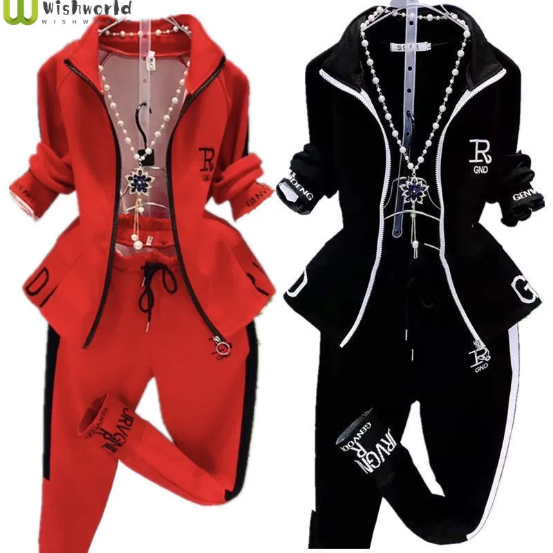 Maxy Leisure Sports Printed Long Sleeve Women's Suit Spring and Autumn New Stand Collar Zipper Cardigan Two-piece Set