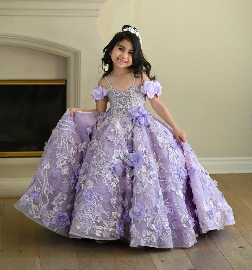 Maxy Lavender Flower Girl Dresses for Wedding Floral Appliques Bead Floor Length Girl Kids Birthday Party First Holy Communion Gowns