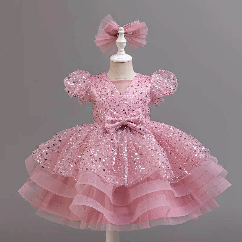 Maxy Luxury Western Girl Sequenant Dress Bubble Sleeve Vedic Princess Skirt 2-10 Birthday Party Evening Dress Summer Girl's clothes