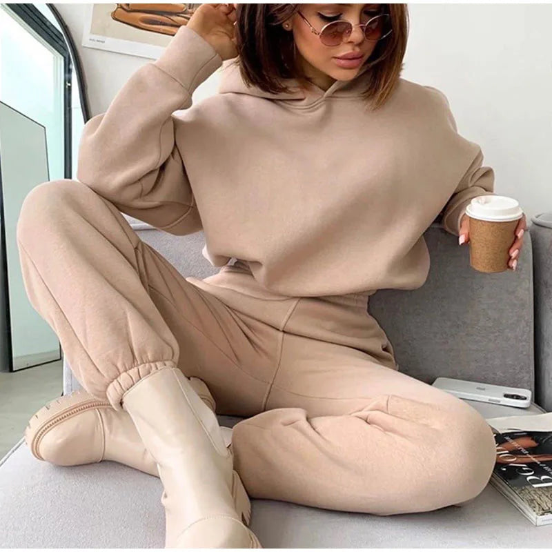 Maxy Pullover Hooded Tracksuit Women Two Pieces Pant Sets Sweatshirts Pockets Pants Suit Thick Elastic Waist Spliced Sporty Autumn