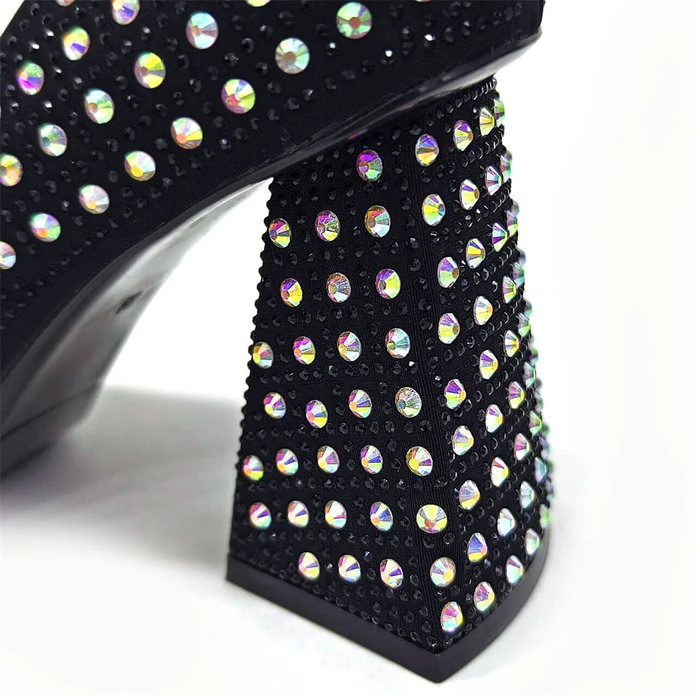 Maxy Venus Chan High Heels with Bag, Elegant Pointed Toe for Party, African Black Shiny Rhinestone Shoes Set of Italian 2024