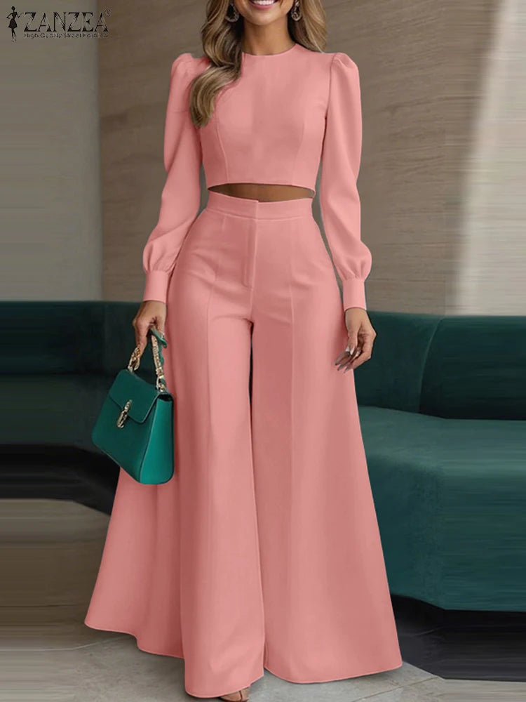 Maxy ZANZEA Autumn 2PCS Outfits Women Pant Sets Solid Tracksuits Suit Long Sleeve Cropped Tops Wide Leg Trousers Matching Sets