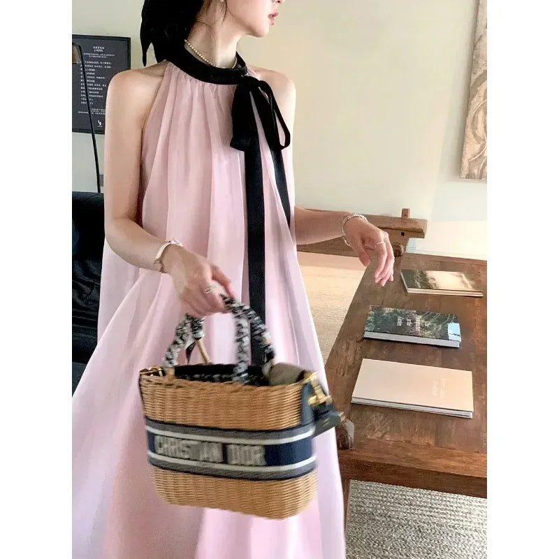 Maxy Summer New Loose Hanging Necktie Bow French Gentle Style Instagram Dress Women's Beach Vacation Skirt