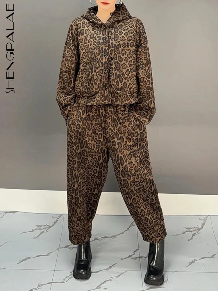 Maxy SHENGPALAE Print Pants Set For Women Single Breasted Hooded Jackets + Harem Trousers Vintage Style New Clothing 5C1760