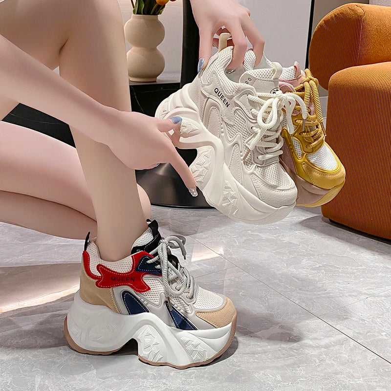 Maxy Spring Autumn High Top Leather Casual Shoes Comfy Breathable Mesh High Platform Shoes 10CM Wedge Heels Walking Chunky Sneakers