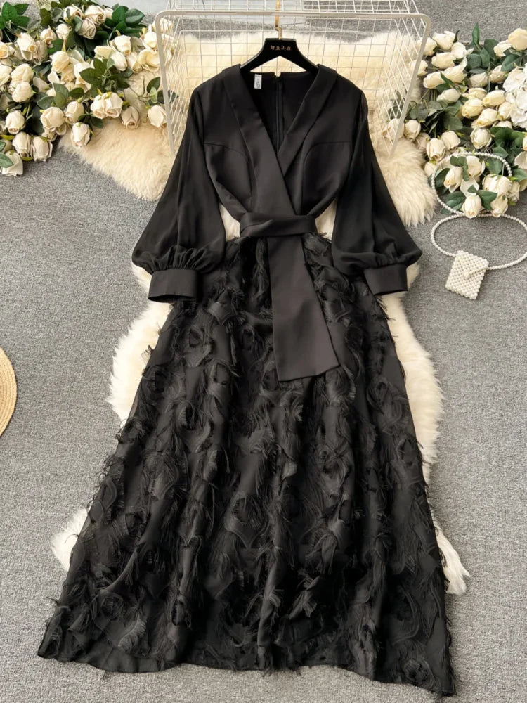 Maxy Women Vintage Black Long Dress Autumn French Bubble Sleeve Splicing Tassels Party Dresses Ladies Slim A-line Elegant Long Robe