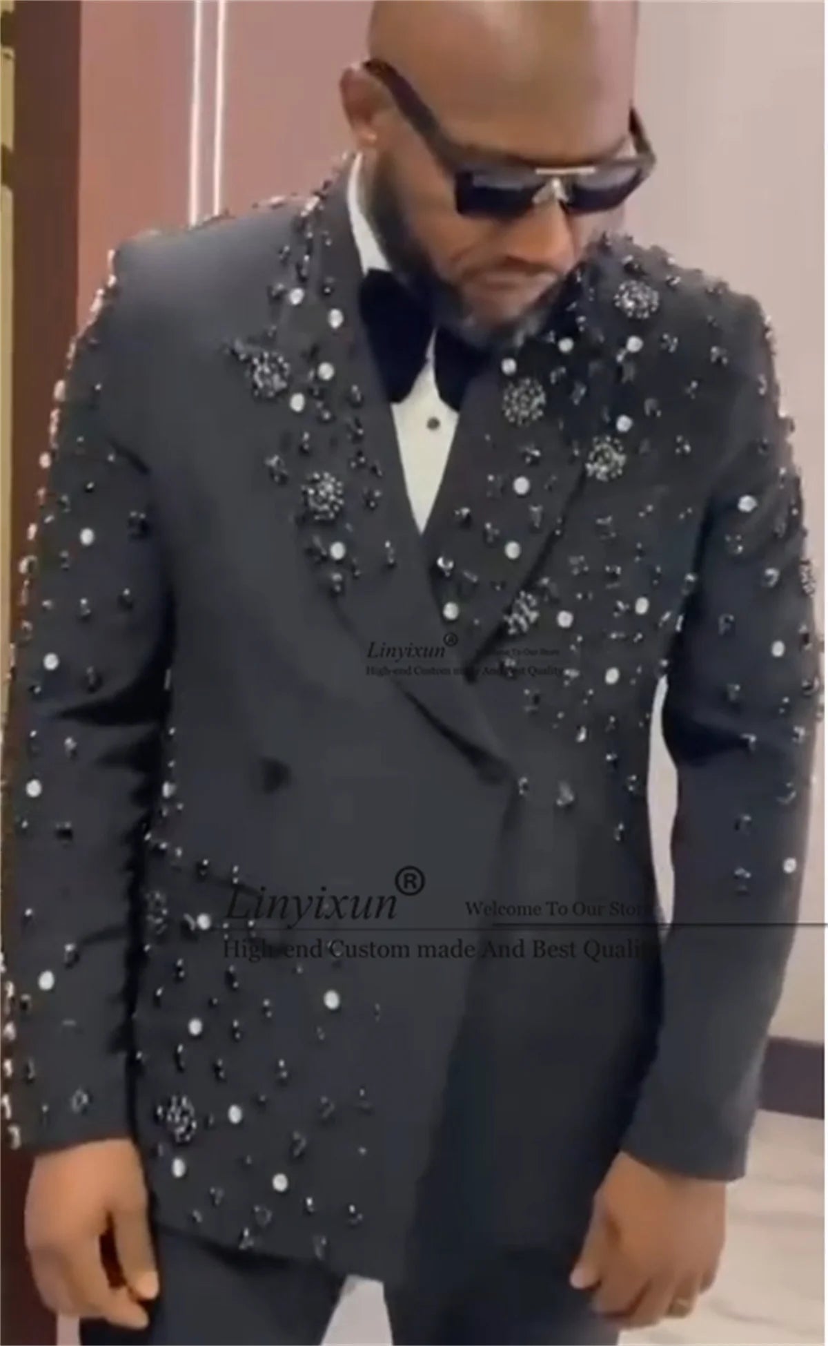 Maxy Luxury CRYSTAL STONE TUXEDO Men Suits Customized Wedding Groom Male Prom Blazers 2 Pieces Sets Double Breasted  Costume Homme