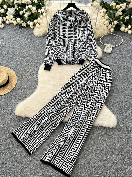 Maxy 2 Piece Sets Women Outfit Autumer Winter Tracksuit Knit Cardign Hooded Wide Leg Pant Sets New Two Piece Casual Loose Suit Office