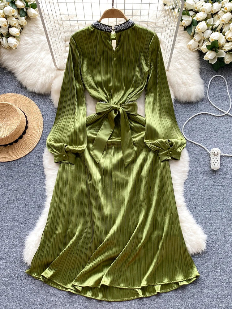 Maxy New Casual Spring Autumn Solid Slim Full Lady Dress A Line O Neck Chiffon Pullover Mid-Calf Women Dresses