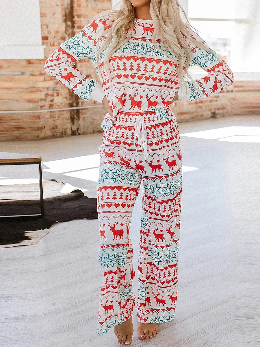 Women s Christmas Pajama Set Reindeer Print Round Neck Long Sleeve Tops Drawstring Long Pants