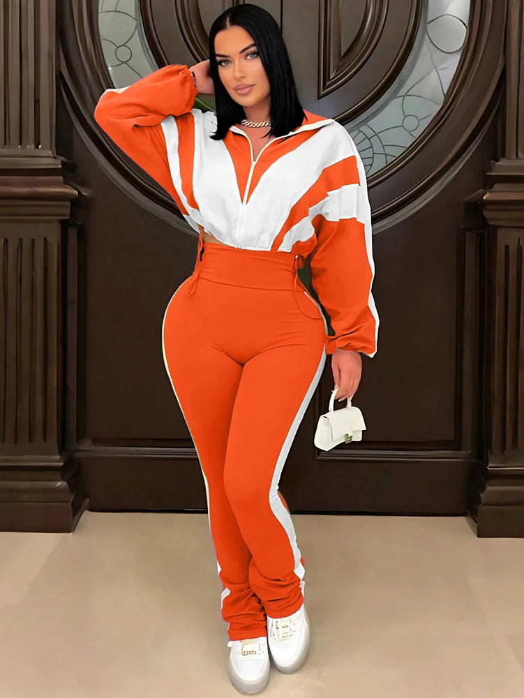 Casual Womens Set Zipper Jacket and Jogger High Waist Flared Pant Suit 2025 Fall Street Fashion Tracksuit Gym 2 Two Piece Sets