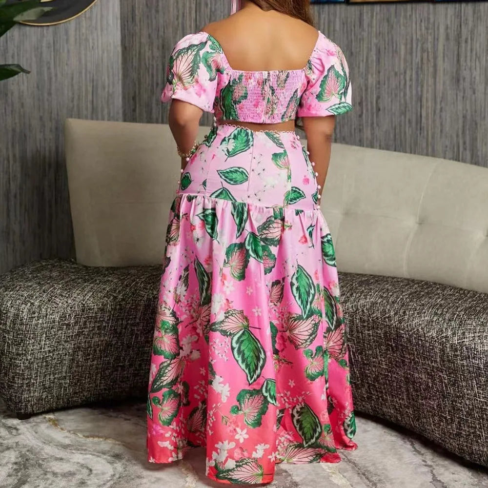 Maxy Summer Women's Suit Fashion Casual Short Top And Comfortable Long Skirt Sets Print Femininity Commuter Two-Piece Set