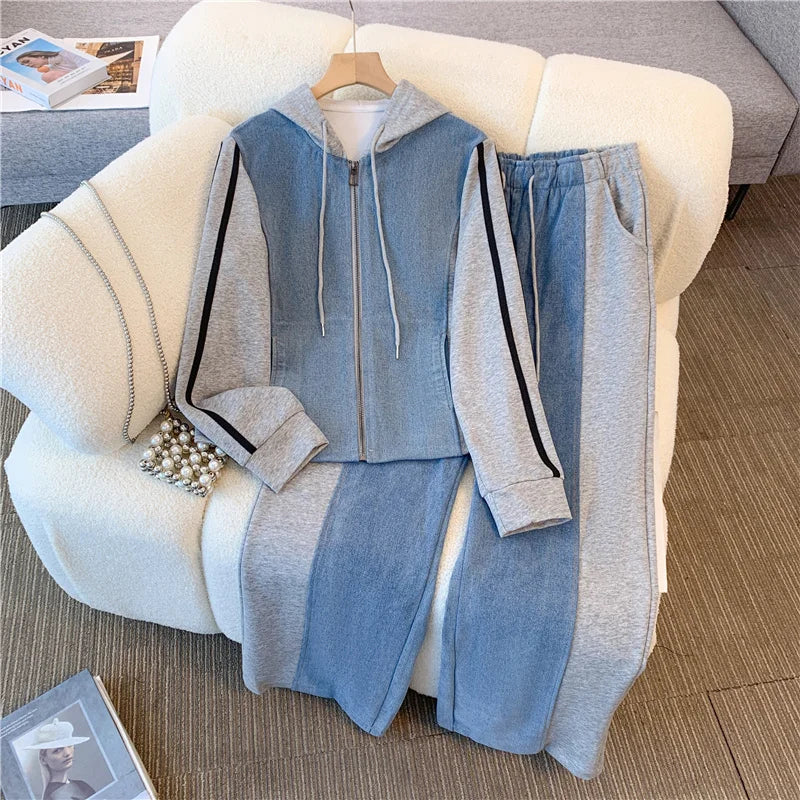 Women Denim 2 Pieces Set Long Sleeve Pullover Jacket High Waist Wide Leg Jeans Suit 2024 Spring Casual Loose Lady Outfit Sets