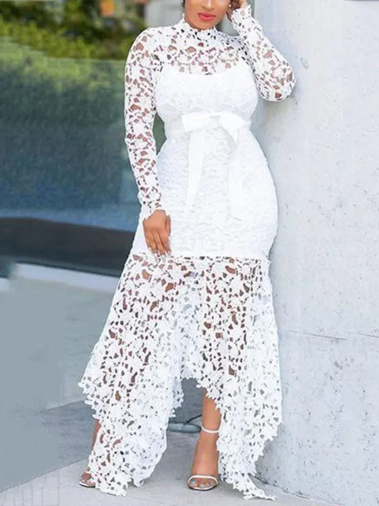 Amay Hollow Out Urban Dance Belly Latin Women Lace Irregular Dress Models Jazz Costume Long Sleeves Kpop Stage Stand Collar Vestidos
