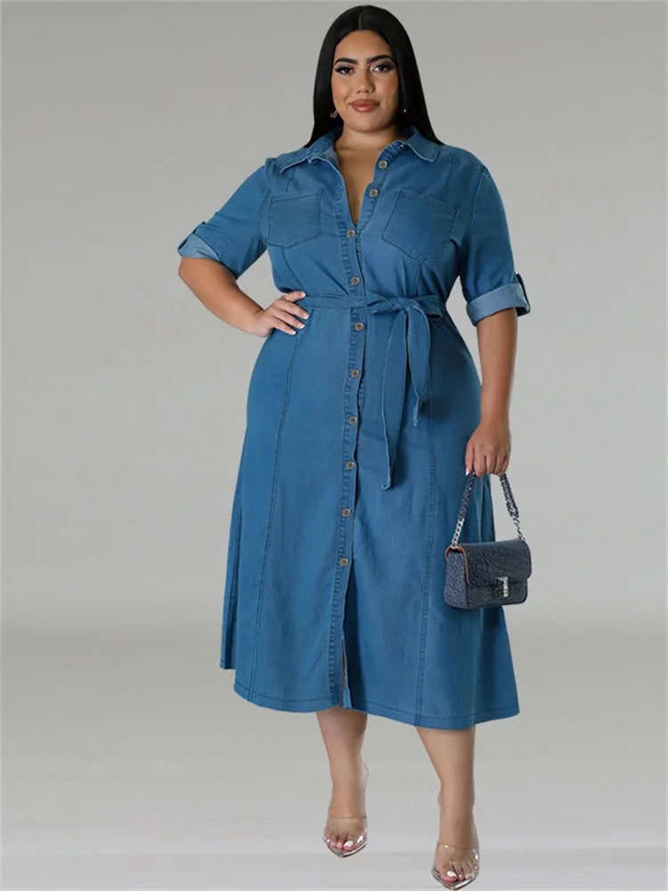 Wmstar Plus Size Denim Dresses Women Long Sleeve Casual Button New Maxi Dress Fall Clothes Wholesale Dropshipping with Bandage