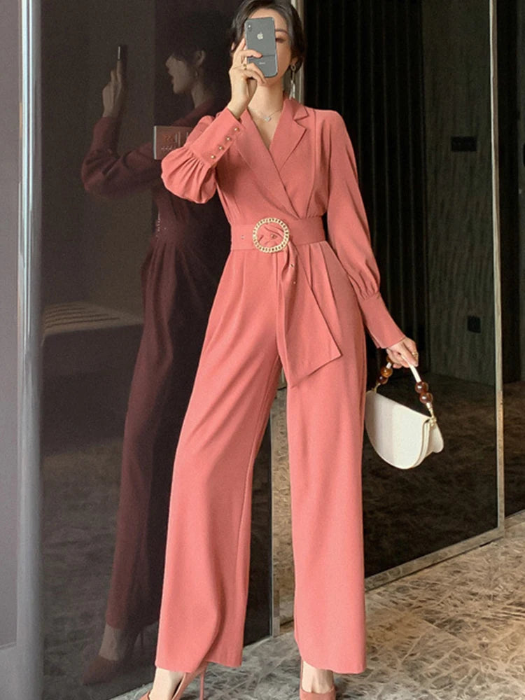 Maxy Vintage Elegant Professional Jumpsuit Women Notched Collar Long Sleeve Adjustable Waist Maxy Pants Work Style Business Rompers