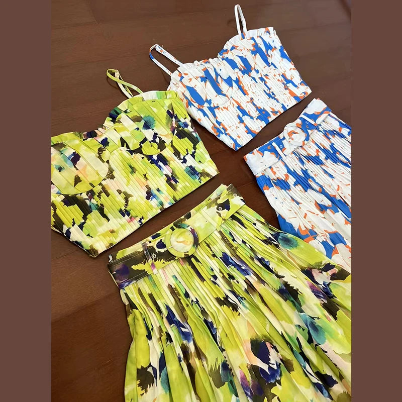 Amay Printing Elegant Two Piece Set For Women Strapless Sleeveless Mini Top High Waist Spliced Belt Skirt Slimming Sets Female