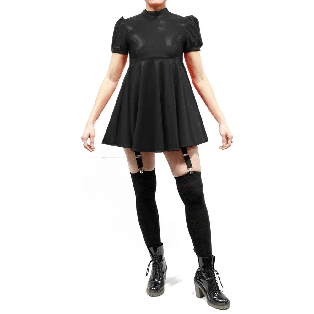 Maxy Plus Size Latex-look Mini Dresses Fashion Mock Neck Pleated A-Line Sissy Dress Rave Party Swing Short Dresses Male PVC Vestidos