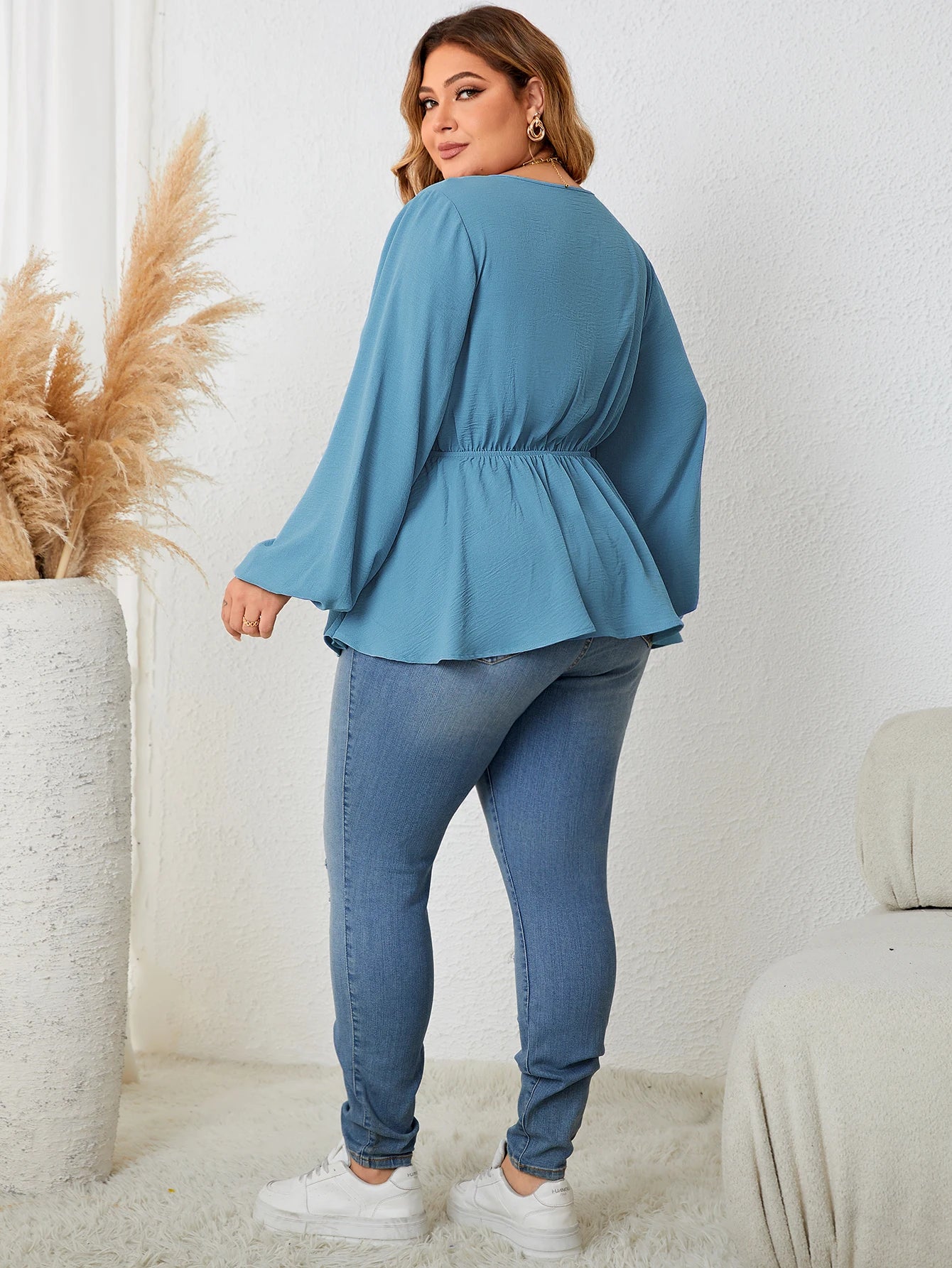 Amay Plus Size V Neck Contrast Lace Women's Top Fashion Vintage Full Lantern Sleeve Elegant Peplum Blouse Autumn New