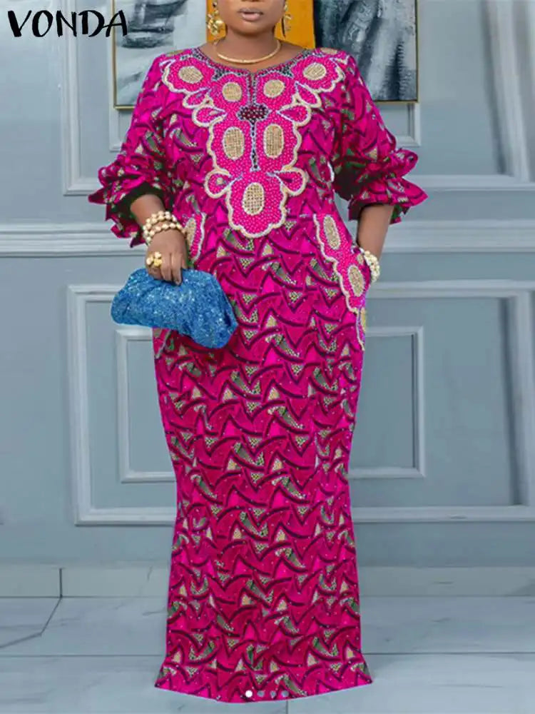 Maxy VONDA Women Long Dresses Bohemian Round Neck Puff Sleeve Vintage Dress Floral Printed Party Evening dress