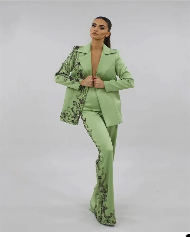 Maxy Designer Green Satin Women Suits Set Luxury Bead Applique Formal Wedding Evening Prom Dress 2 Pieces Blazer+Pants Customized