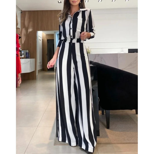 Maxy European and American Autumn Leisure Fashion Black and White Striped Button Pocket Design Shirt Wide Leg Pants Two-Piece Set