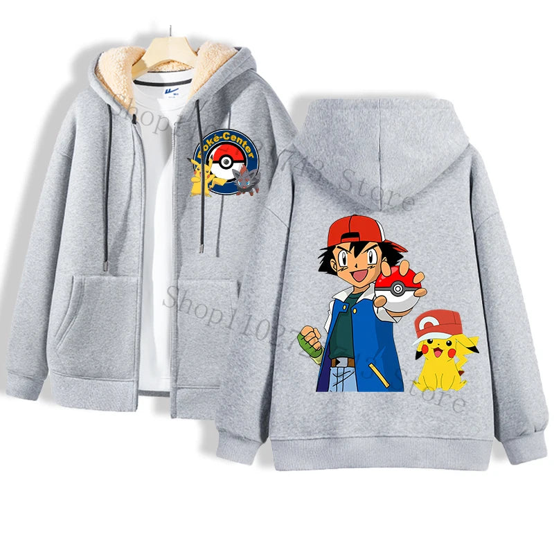 Maxy Pokémon Lamb Wool Coat for Men Women Pikachu Anime Cartoon Fashion Zipper Hooded Jacket Boys Girls Winter Warm Hip Hop Coats