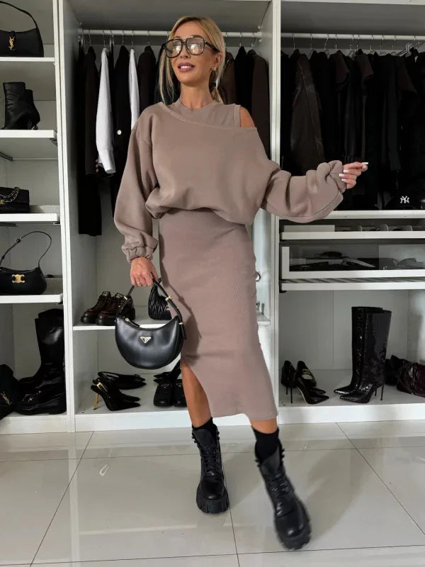 Maxy New Dress With Sweatshirt Two Piece Sets Women Fashion Solid Lantern Sleeve Pullover Top Outfits Autumn Winter Tank Dresses Suit