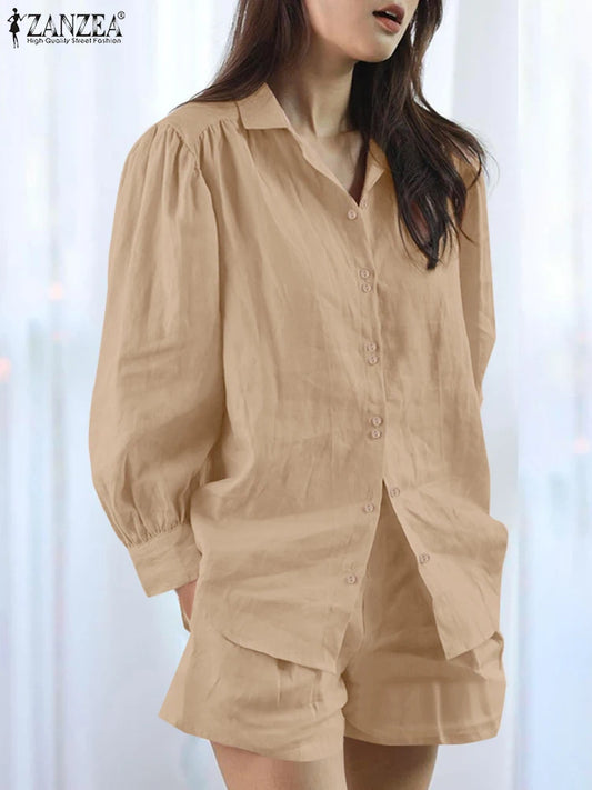 Maxy Women Shorts Sets ZANZEA Elegant Long Sleeve Shirt Pant Suit Spring 2PCS Outfits Casual Loose Matching Set Summer Tracksuit