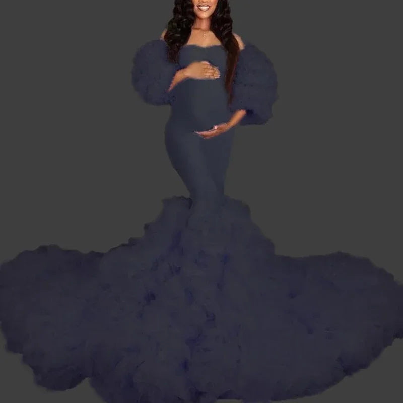 Maxy Hot Maternity Dresses Photoshoot Tulle Maxy Gown Baby Shower Ruffles