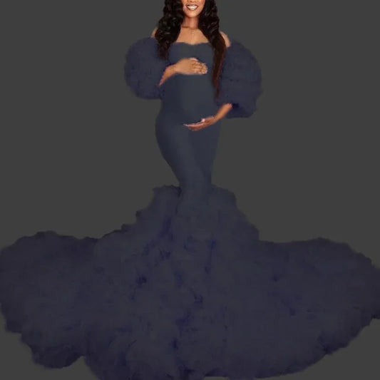 Maxy Hot Maternity Dresses Photoshoot Tulle Maxy Gown Baby Shower Ruffles