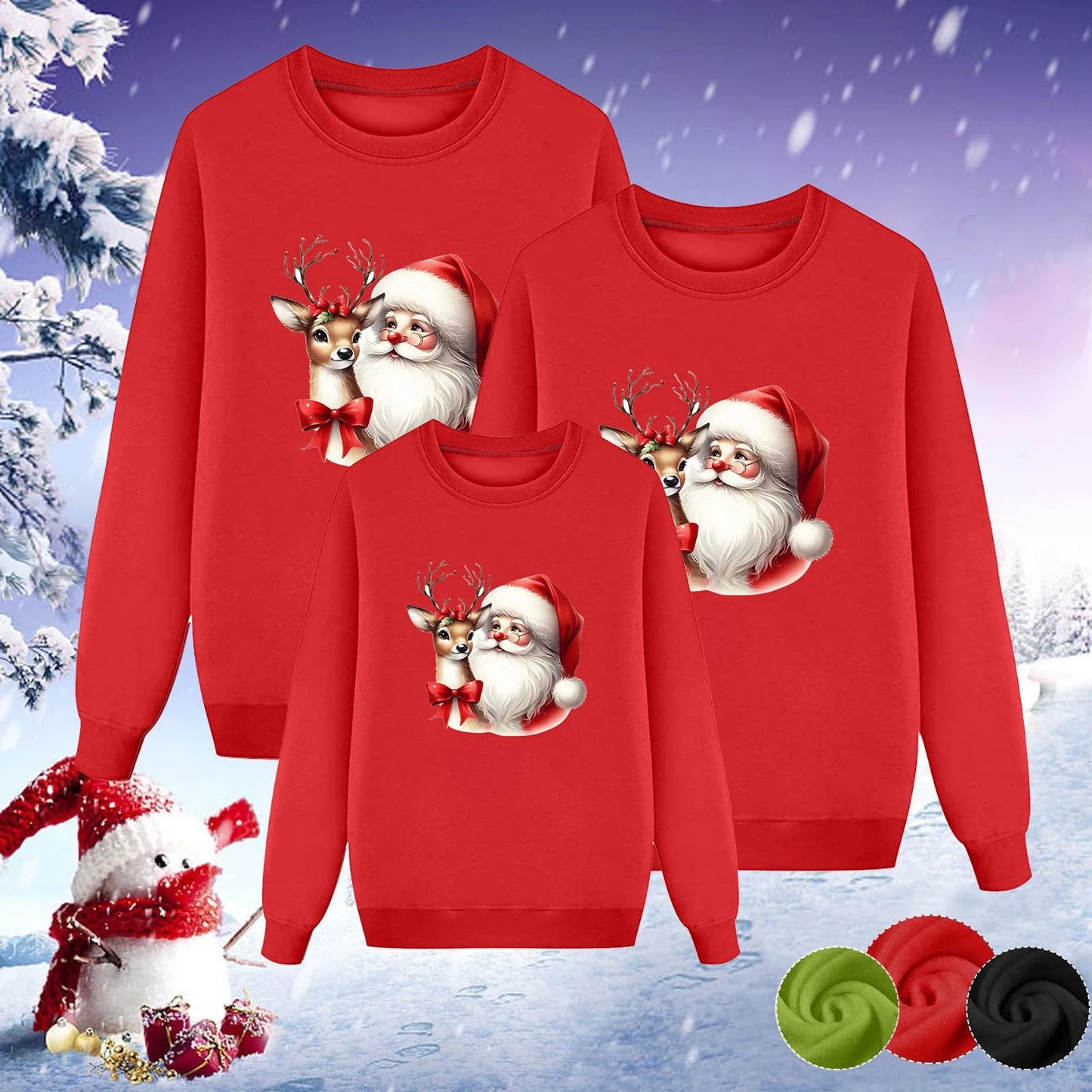 Christmas Family Set Santa Deer Print Long Sleeve Round Neck Plus Fleece Mother Father Kid Hoodie Family Matching Family Pajamas