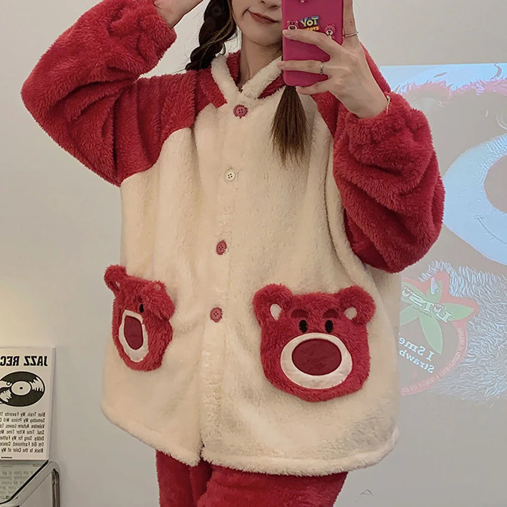 Miniso New Lotso Coral Velvet Girls Coral Velvet Hooded Pajamas Autumn and Winter Thickened Warm Cozy Pajama Set Christmas Gift