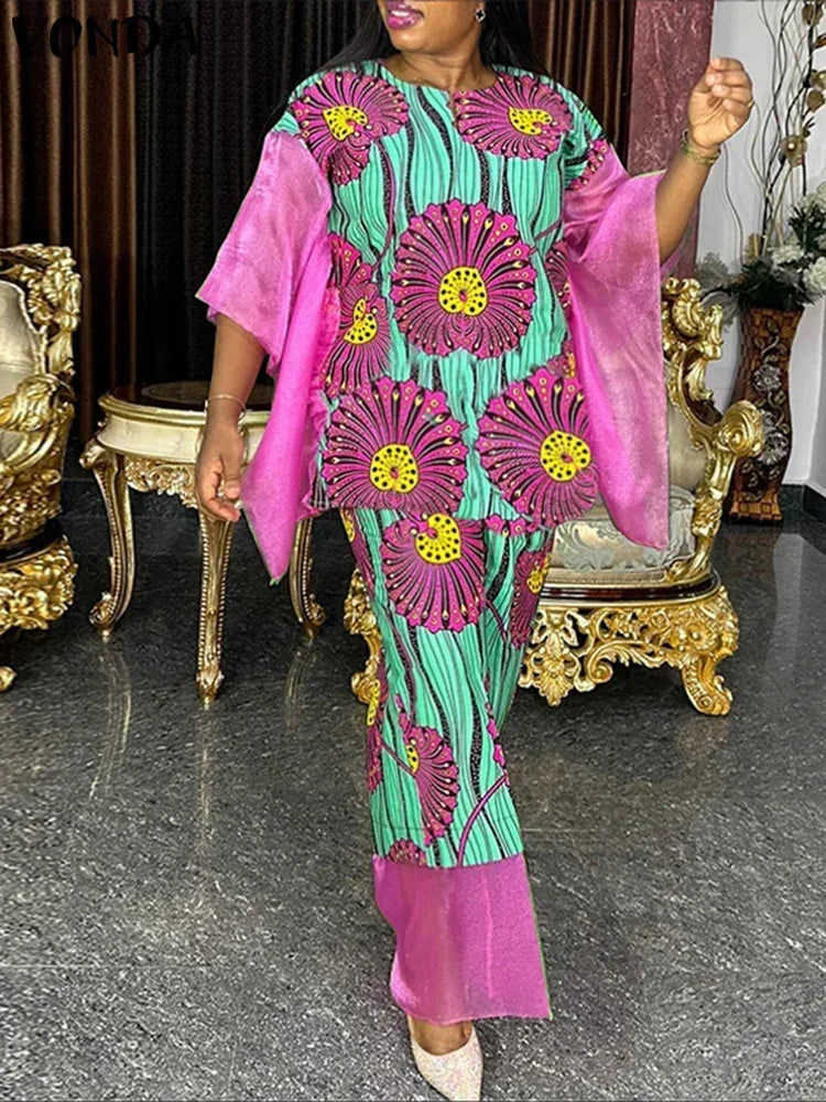 Maxy Women Summer Dress Sets Vintage Patchwork Bat Sleeve Tops Bohemian Suits Printed Long Skirts Matching Sets
