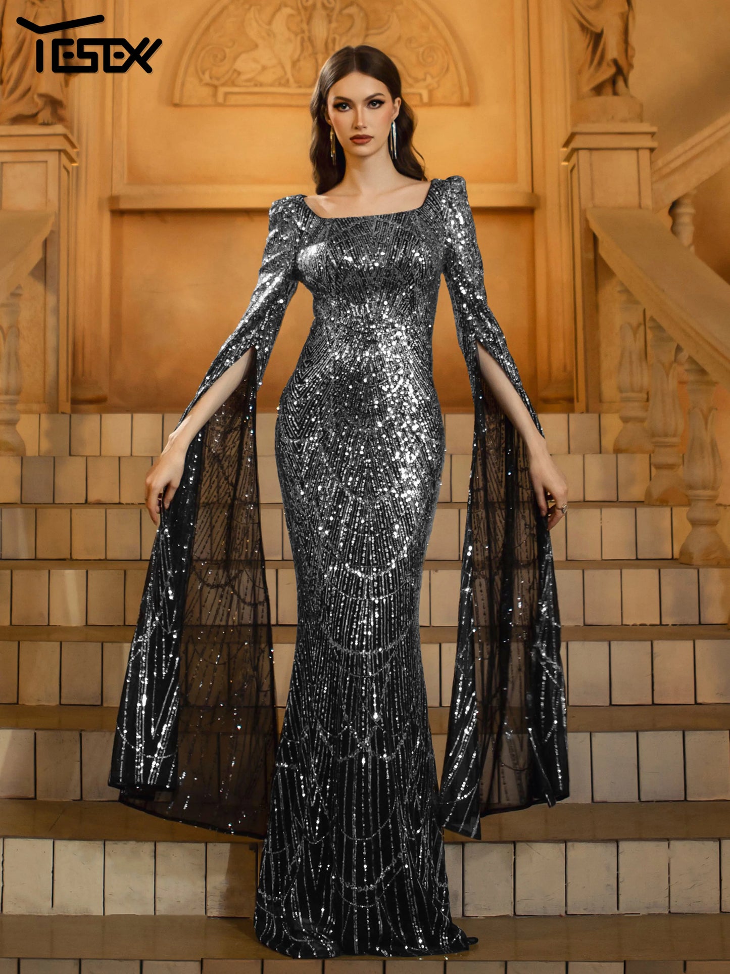 Maxy New Church Dress Square Neck Long Sleeved Sequin Mermaid Evening Gown Wedding Birthday Party Formal Occasion Maxy Dresses