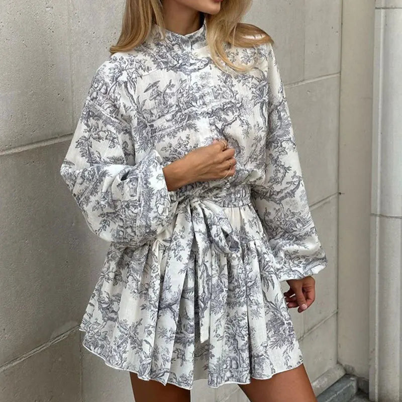 Maxy Women Elegant Stand Collar Tie-up Mini Dress New Fashion Ink Print Pleated A-Line Dress Casual Bubble Long Sleeve Party Dresses