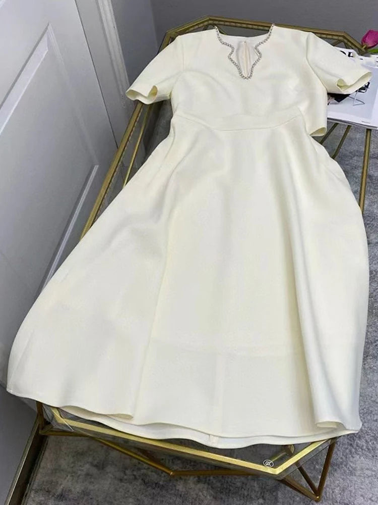 Maxy  Temperament spring new nail drill V-neck short-sleeved blouse+high waist A-shaped skirt elegant female two-piece suit