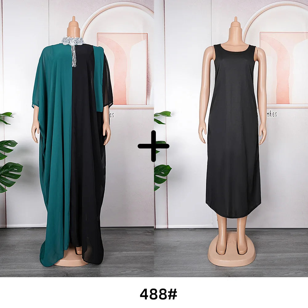 Maxy Loose Dress Contrast Color with Inside Vest Female Church Event Dresses Occasion Half Sleeves Elegant Classy Modest Summer New