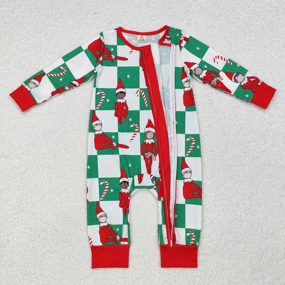 Maxy Winter Fashion Match Children Christmas Cane Green and White Plaid Long Sleeve Long Pants Pajama Set Wholesale Pajamas Romper