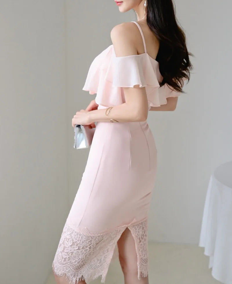 Babs Pink Dress for Women Slash Neck Korean Elegant Lace Patchwork Dress Bodycon Streetwear Ruffle Sleeve Party dress