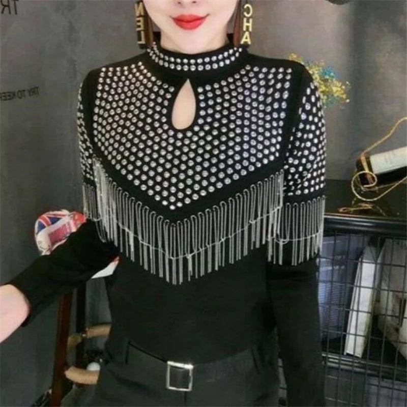 Maxy Tassel Hot Drill Tee Women T-shirt Spring Fall Hollow Out Pullover Stand-up Collar Long Sleeve Shiny Cotton Female T-Shirt