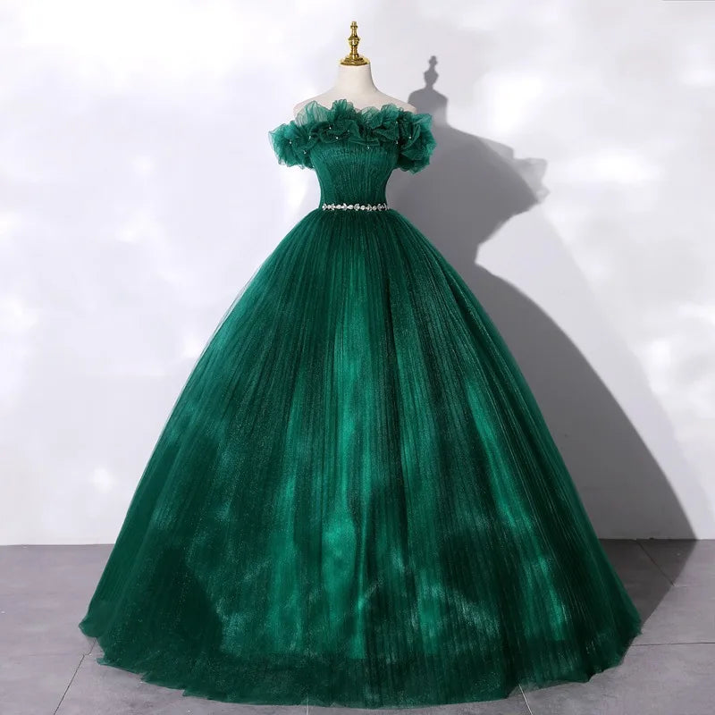 Maxy Dark Green Sweet Strapless Evening Dress New One Shoulder Temperament Host Sen Style Starry Sky Gift Vocal Art Examination Dress