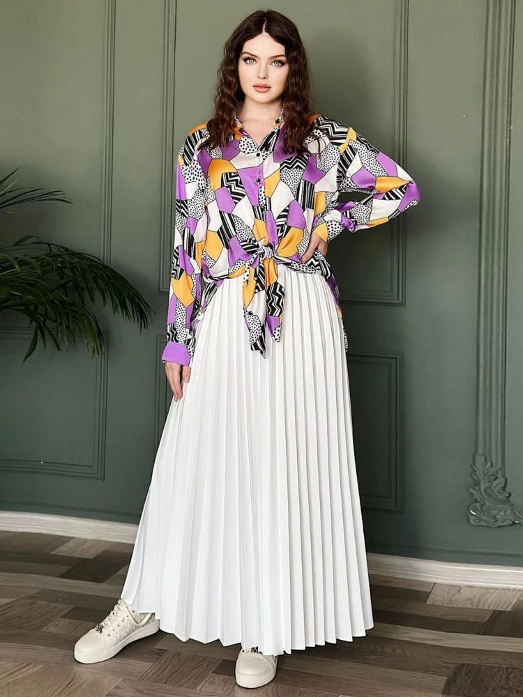 Amay Women Sets Two Piece Set Print Long Lantern Sleeve Top And Elegant Long Skirt High Streetwear Casual Beach Suit